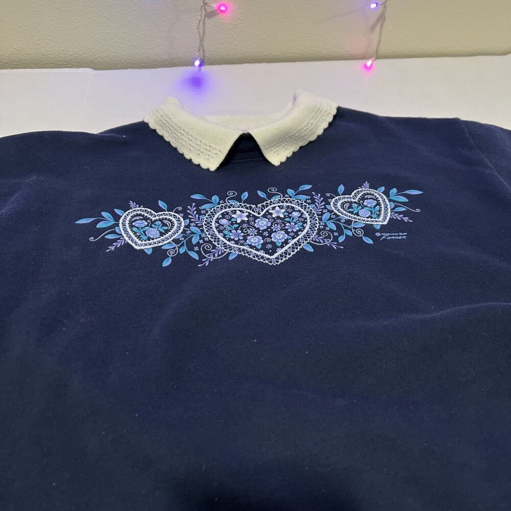Morning Sun Sweater Collared Pullover M Blue Floral Hearts 80s 90s Grandmacore